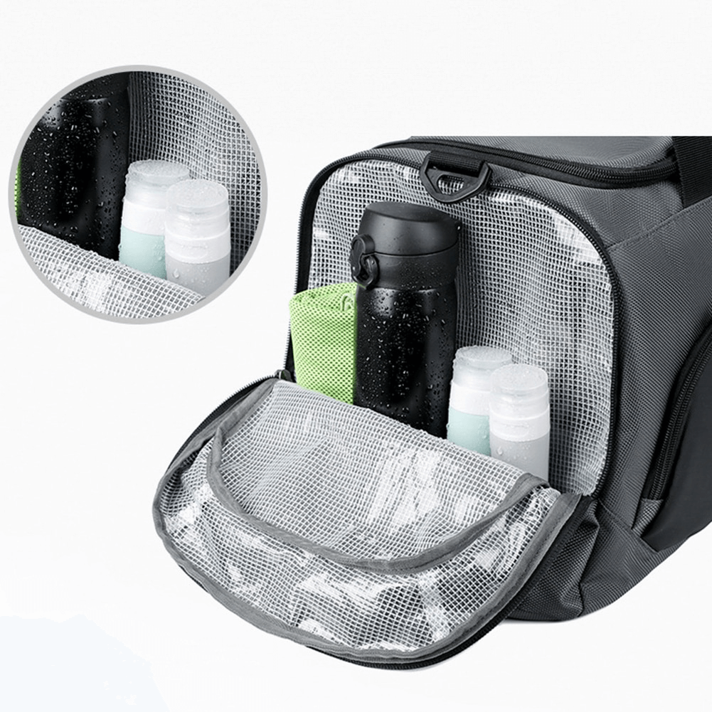 Sports waterproof portable bag SF0874 with mesh pocket containing water bottle and toiletries; features shoe compartment and zipper closure.